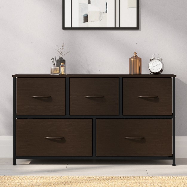 Emma And Oliver 5 Drawer Storage Dresser With Cast Iron Frame Wood Top And Easy Pull Fabric Drawers With Wooden Handles