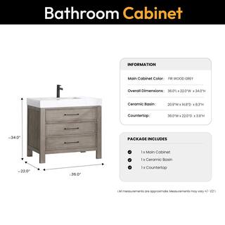 ROSWELL León 36 in.W x 22 in.D x 34 in.H Single Sink Bath Vanity in Fir Wood Grey with White Composite Stone Top 803836-FY-LW-NM