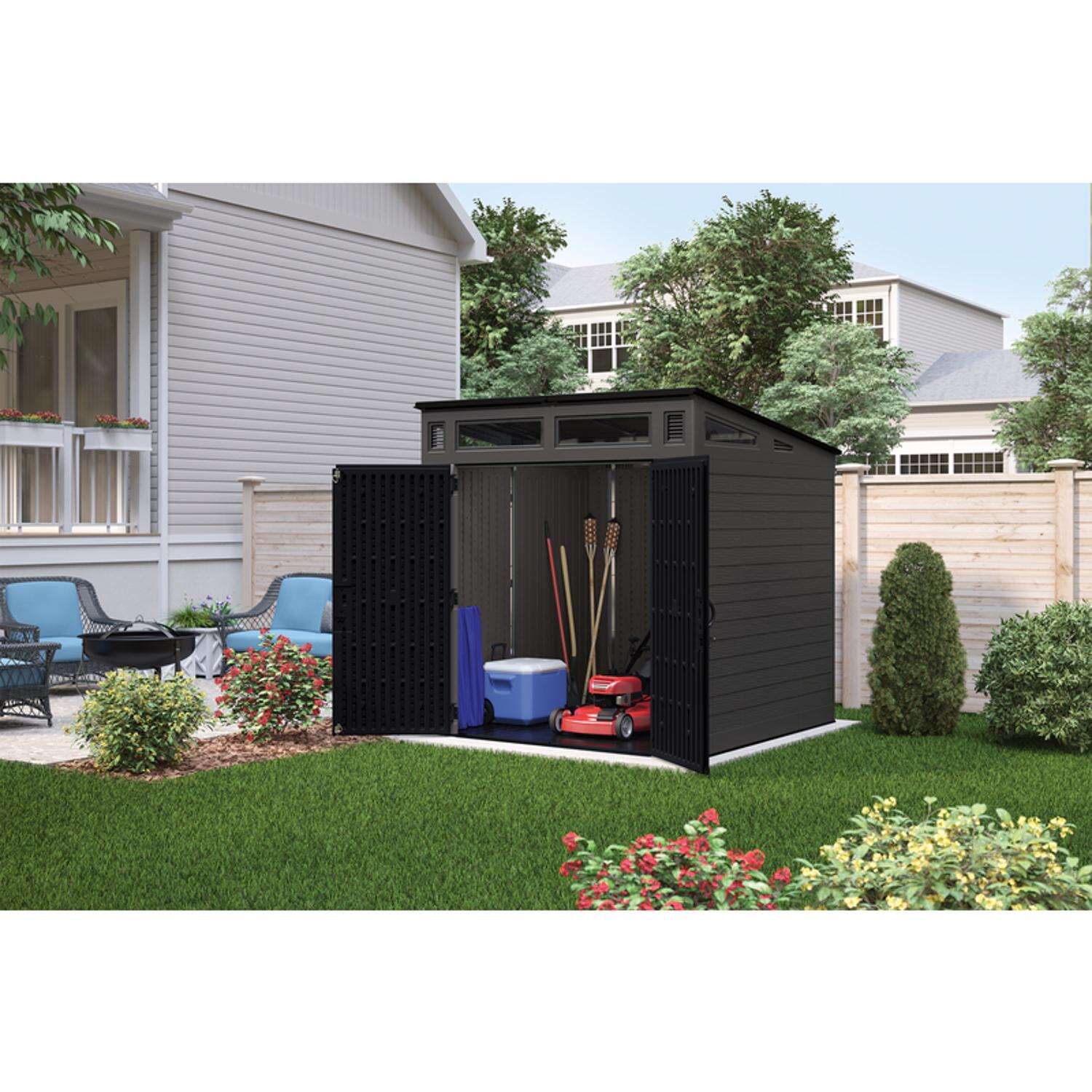 Suncast Modernist 7 ft. x 7 ft. Resin Vertical Pent Storage Shed with Floor Kit