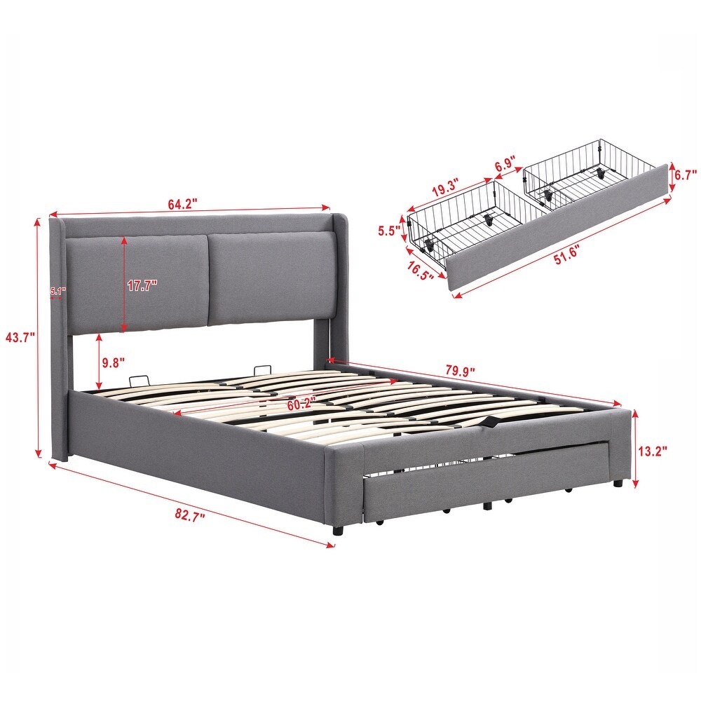 Queen Size Lift Storage Bed Platform Bed with 2 Drawers  Queen Size Bed Frame with Hydraulic Storage System