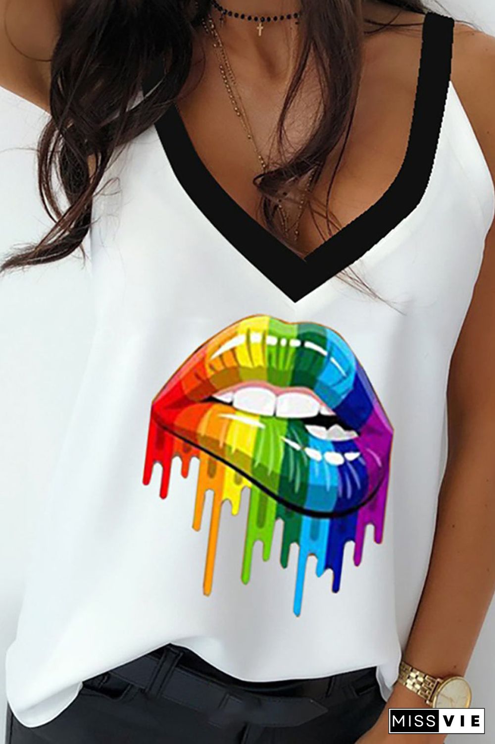 Lip Printed Deep V-Neck Tank Top