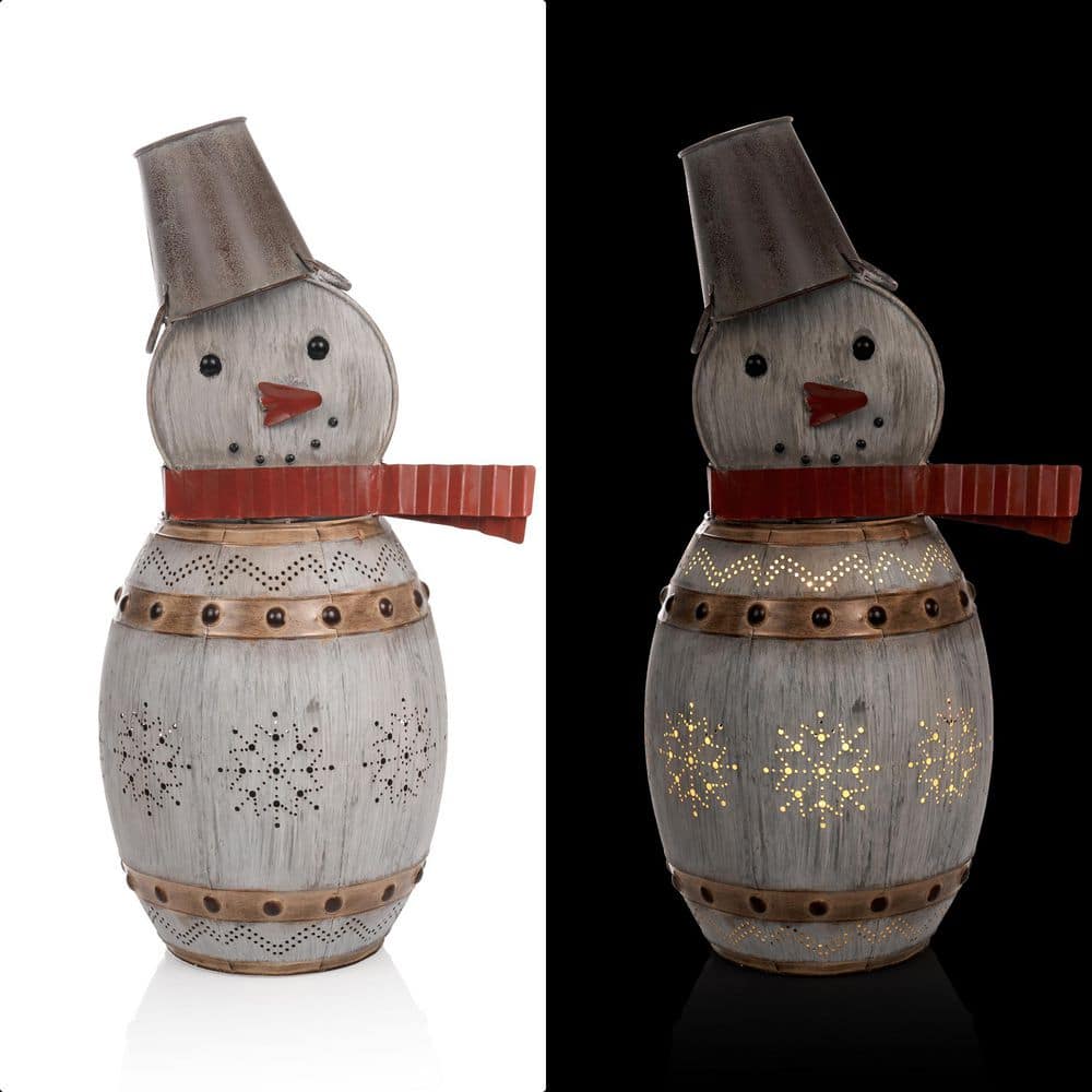 Alpine Corporation 30 in. Tall Weathered Barrel Snowman With Warm White LED Lights ORS730