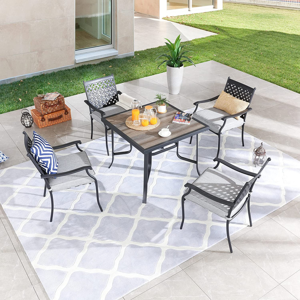 5 Pieces Patio Dining Set  Square Table and Cushioned Chairs With Grid Back   Transitional   Outdoor Dining Sets   by Decor Love  Houzz