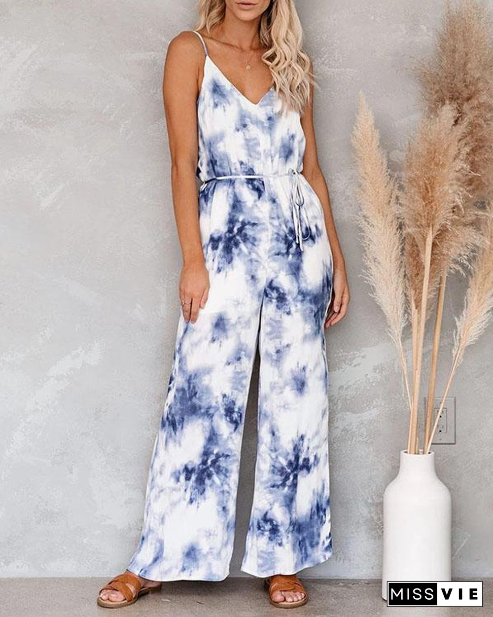 Tie Dye Print Sleeveless Casual Jumpsuit