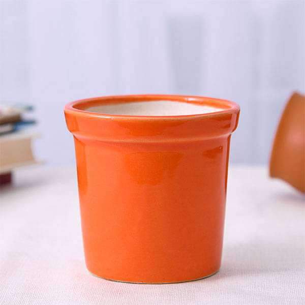 4.1 inch (10 cm) Round Ceramic Pot with Rim (Orange) (set of 2)