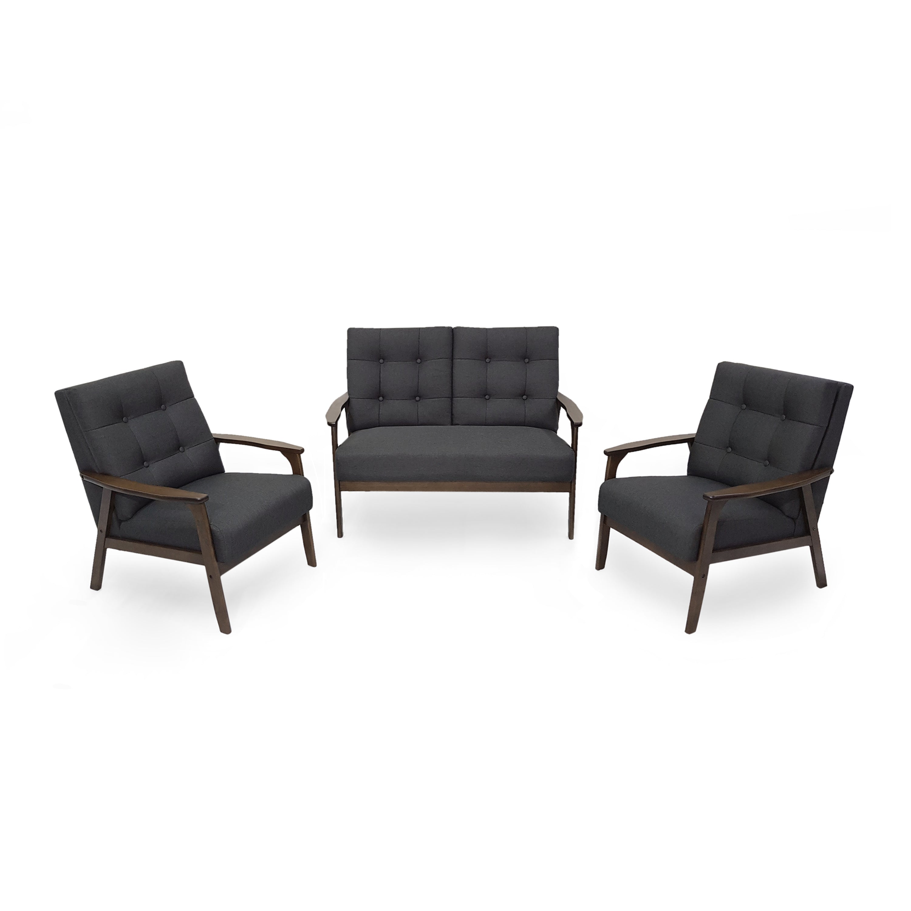 Maureen Mid-Century Modern 3-Piece Fabric Chairs & Love Seat Living Room Set