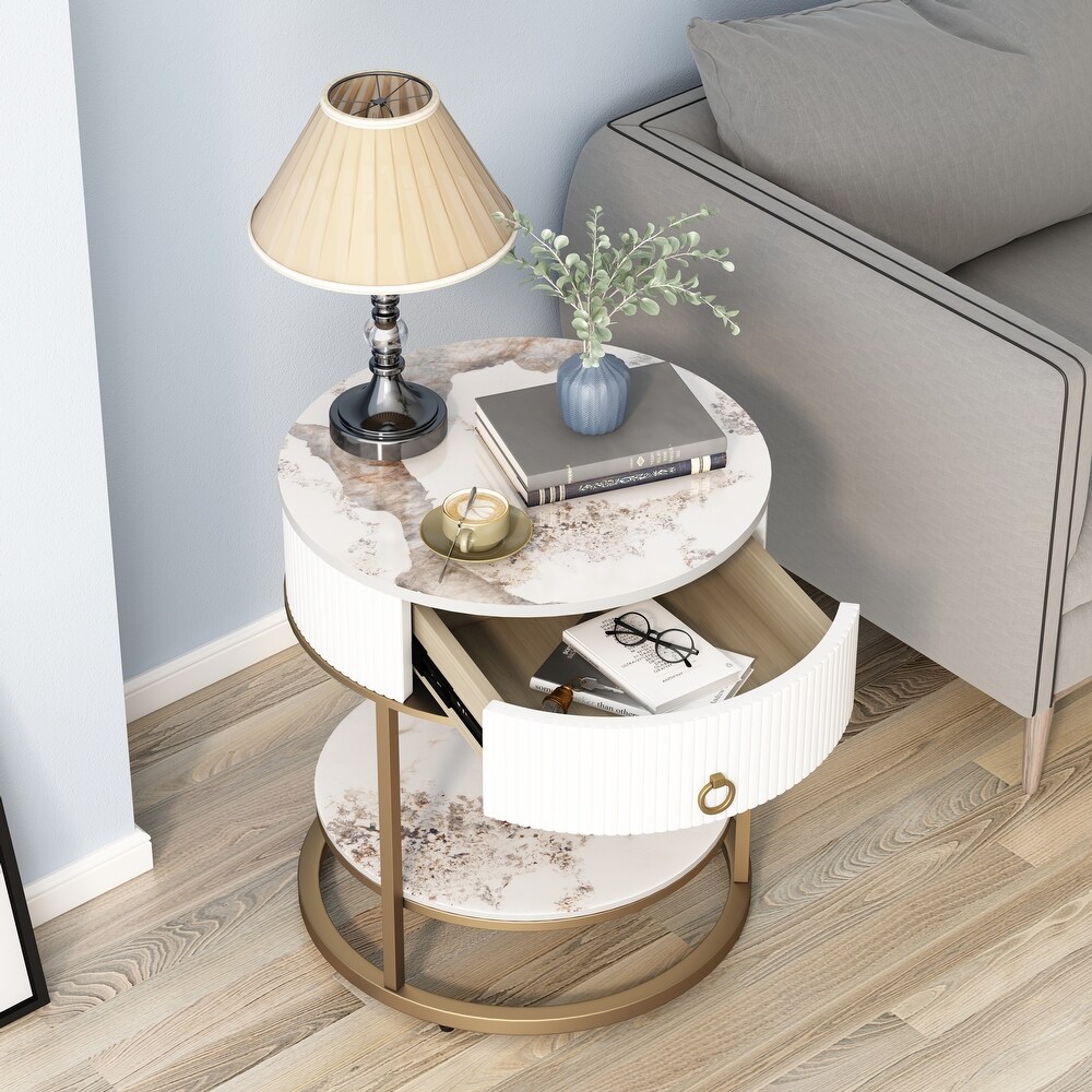 Myhozm Round End Table with Storage  Modern Bedside Furniture for Bedroom  Living Room