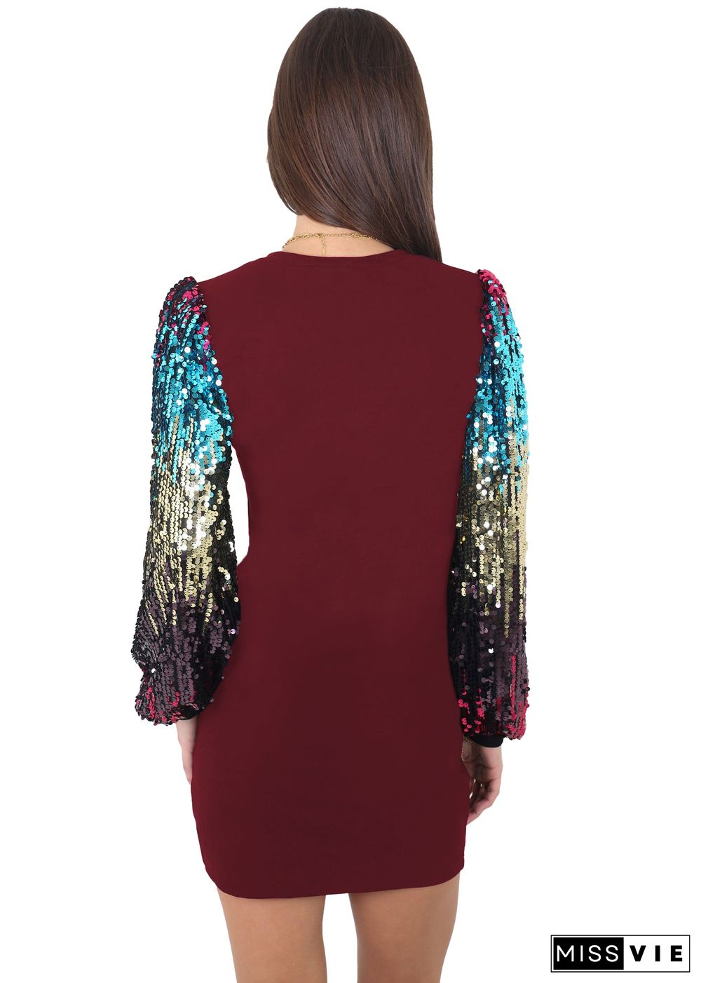 Anna-Kaci Women's Confetti Sequin Balloon Long Sleeve Round Neck Pullover Dress