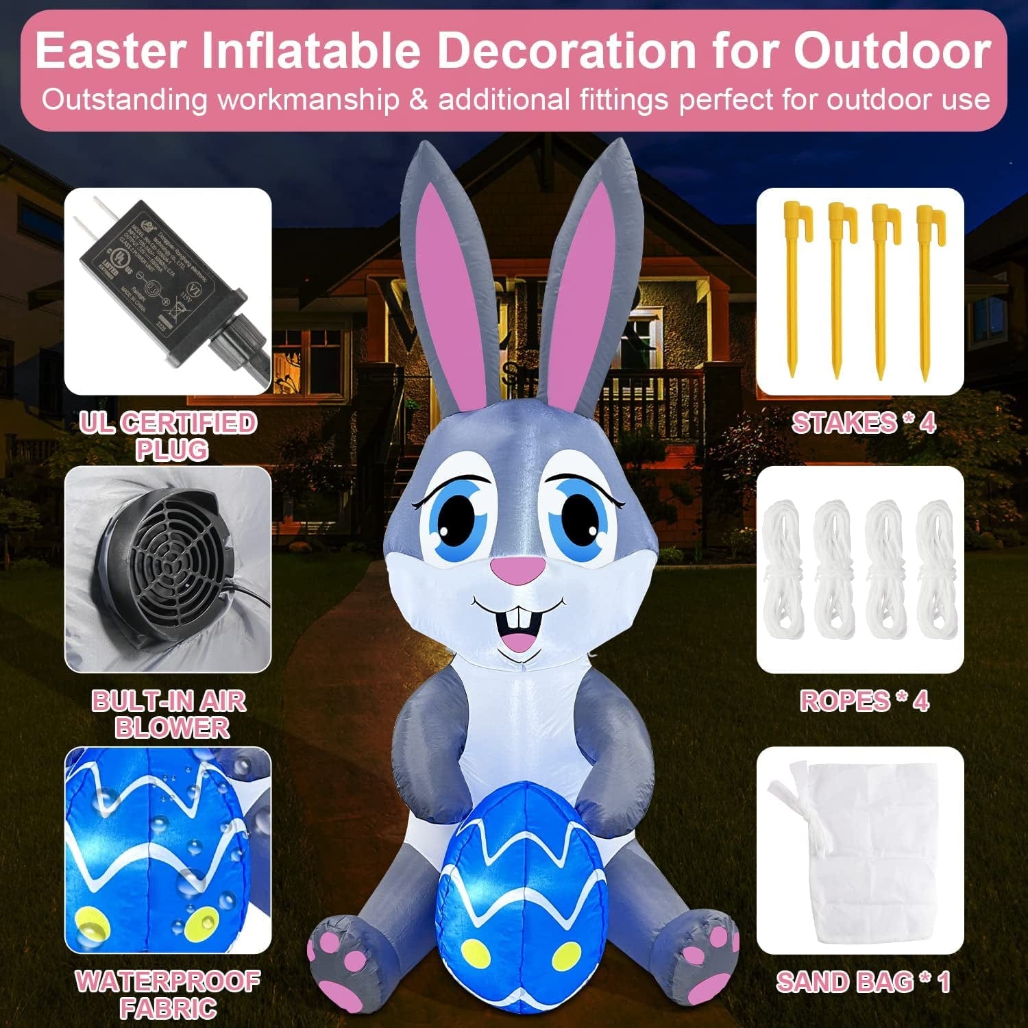 Zukakii 5FT Easter Inflatables Bunny Decorations with Bright Led Light