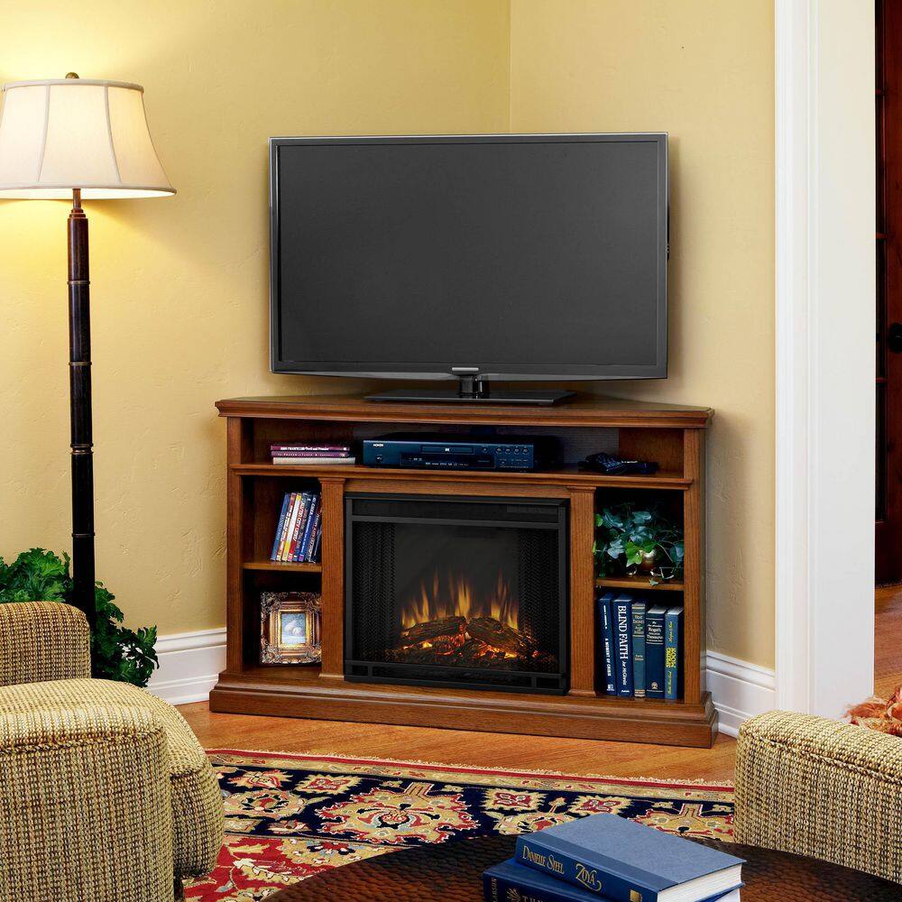 Real Flame Churchill 51 in. Corner Media Console Electric Fireplace in Oak 3750E-O