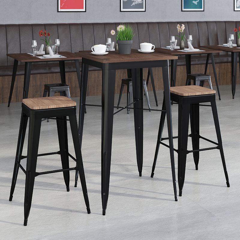 Flash Furniture 23.5 Square Metal Bar Table with Wood Top and Backless Stools 3-Piece Set