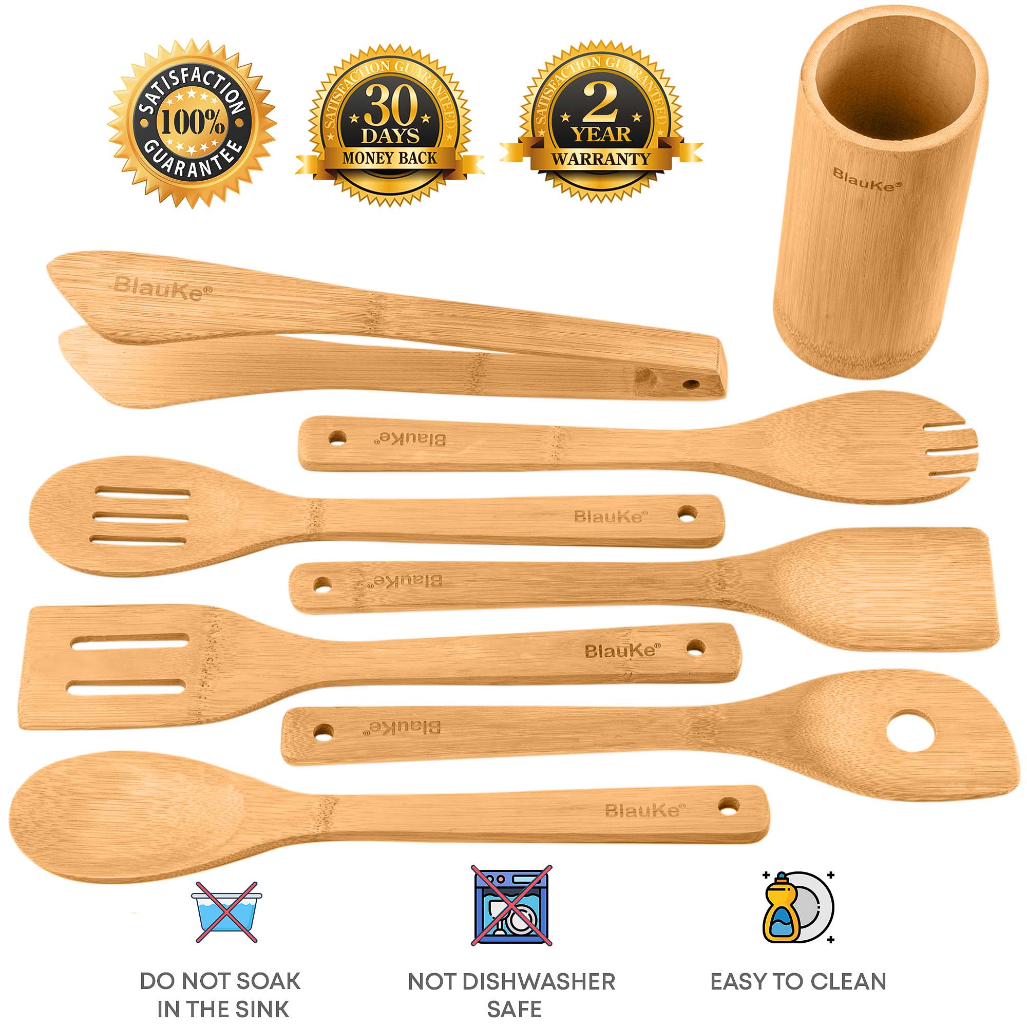 BlauKe® Wooden Spoons for Cooking 8-Pack – Bamboo Kitchen Utensils Set – Nonstick Wooden Cooking Utensils – Wood Spatula Spoon Tongs Utensil Holder