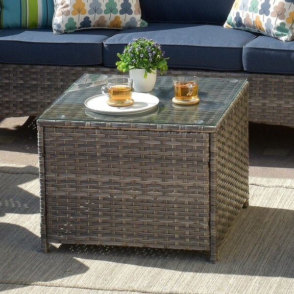 XIZZI Outdoor Rattan Wicker Coffee Table with Glass Top