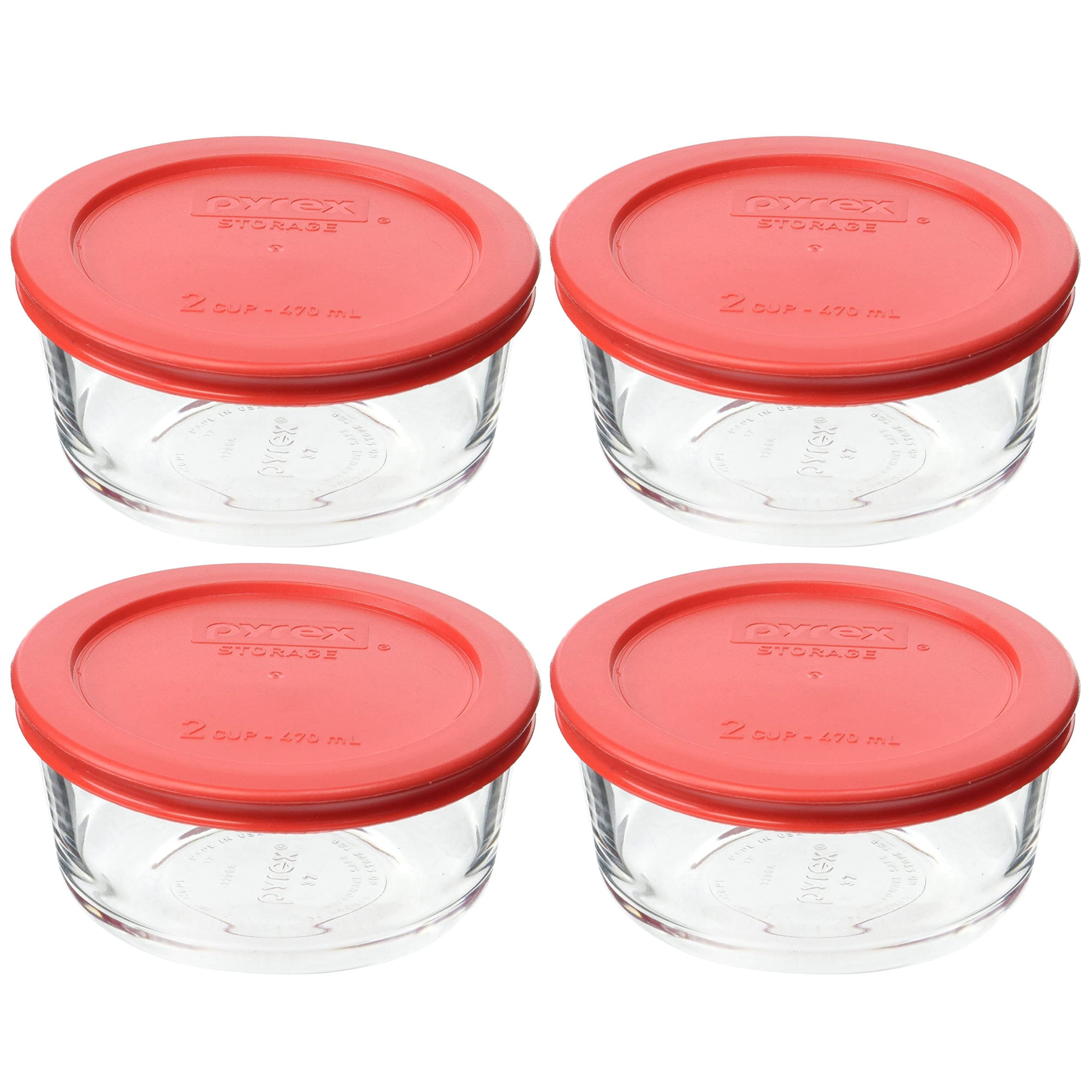 Pyrex (4) 7200 2 Cup Glass Food Storage Bowls and (4) 7200-PC Red Plastic Lids