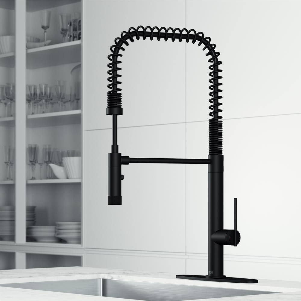 VIGO Sterling Single Handle Pull-Down Sprayer Kitchen Faucet Set with Deck Plate in Matte Black VG02037MBK1