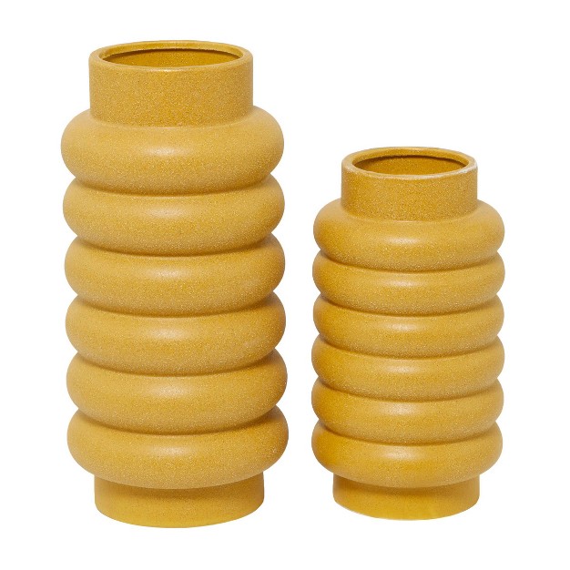 Set Of 2 Ceramic Vase With Ring Ribbing Yellow Cosmoliving By Cosmopolitan