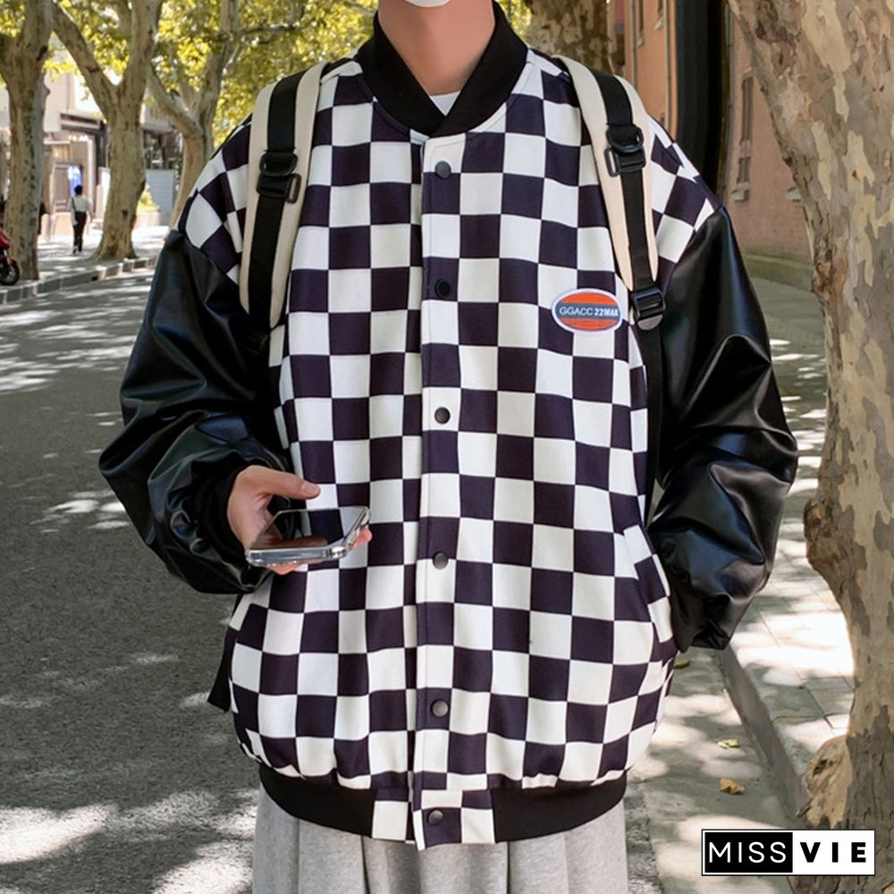 Stylish Patchwork Stand-Up Collar Checkerboard Jacket