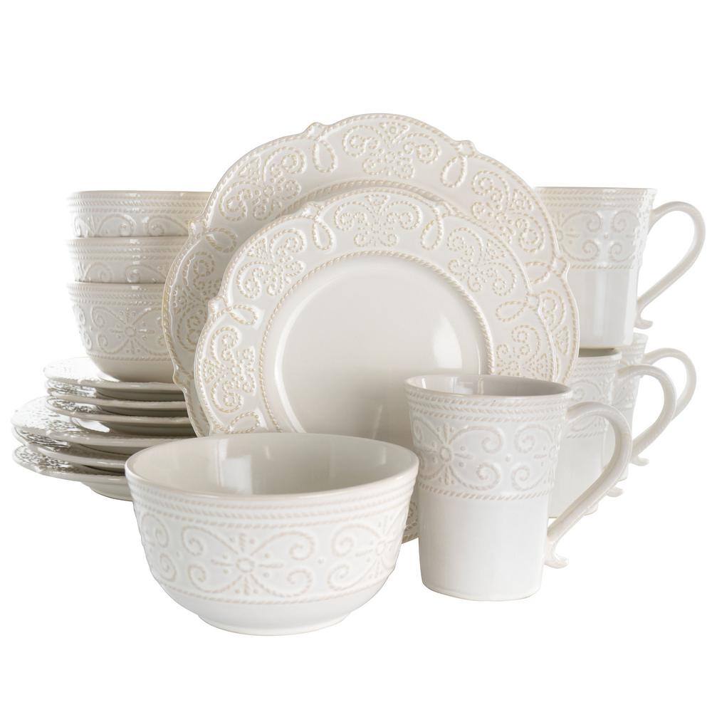 Elama 16-Piece Luna Embossed Scalloped White Stoneware Dinnerware Set (Service for 4) 985114761M