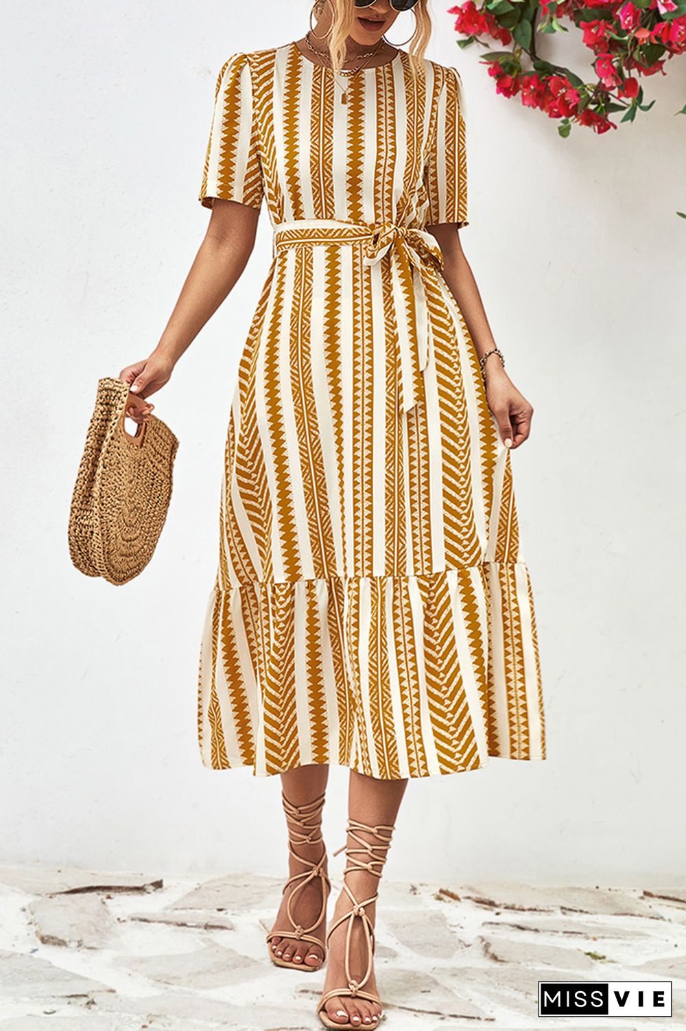 Geometric Striped Maxi Dress With Sash