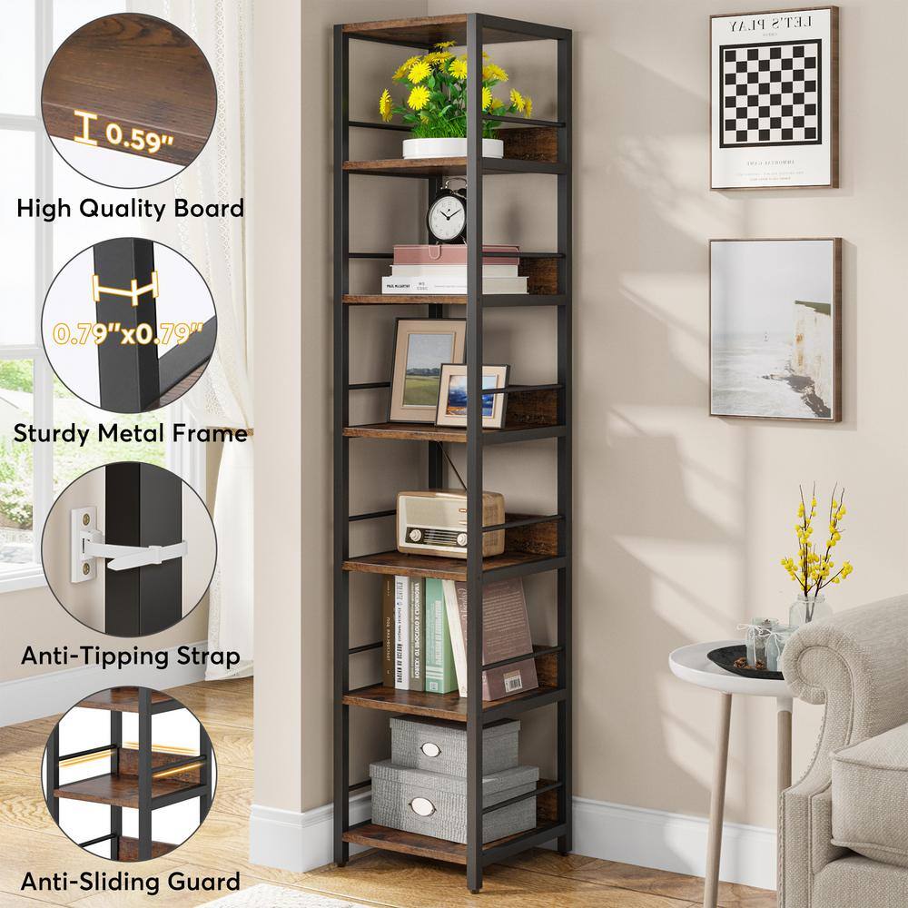 TRIBESIGNS WAY TO ORIGIN Frailey 75 in. Rustic Brown 6-Shelf Tall Narrow Bookcase Bookshelf Storage Rack with Metal Frame for Home Office HD-JW0403-HYF