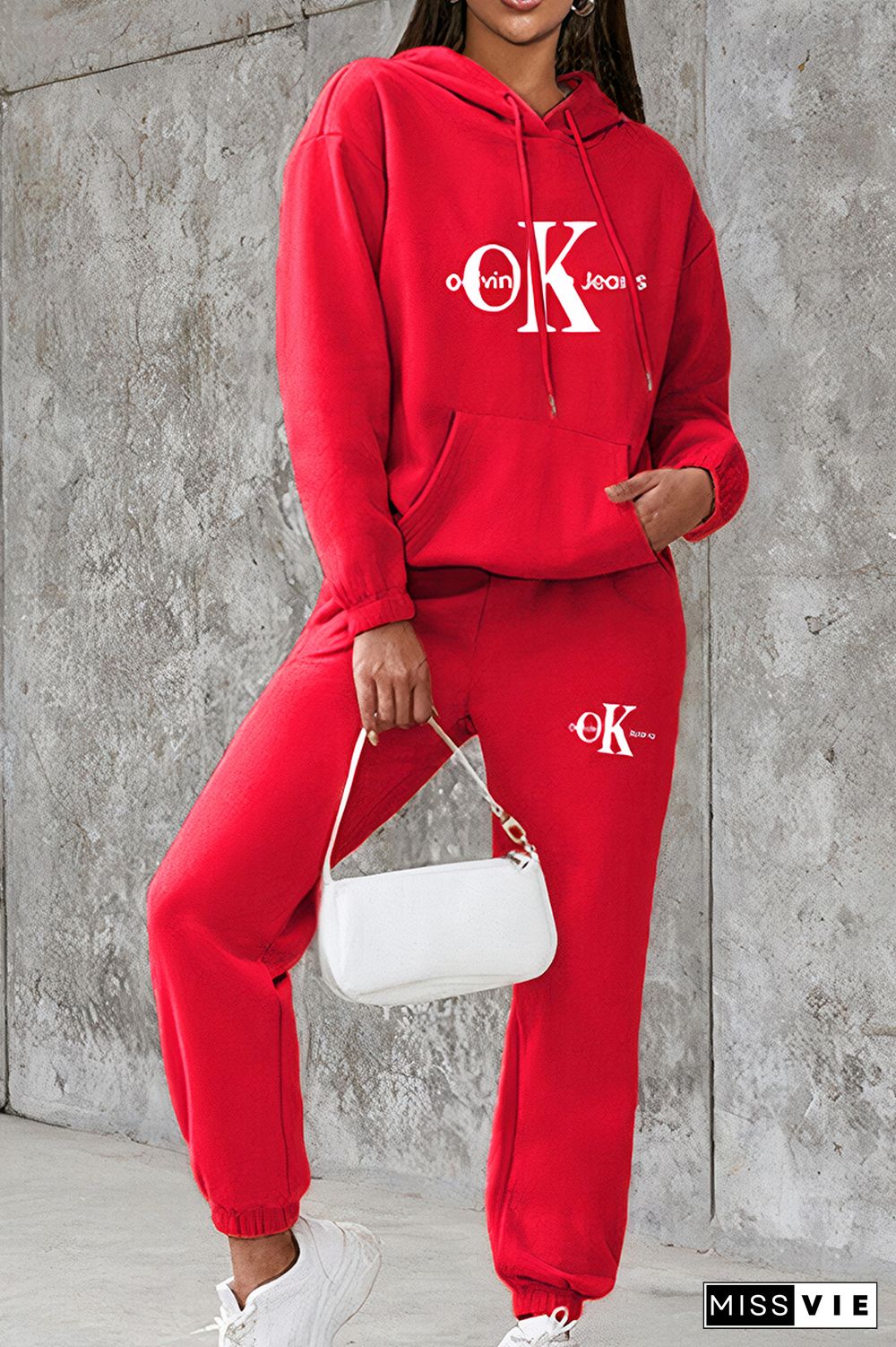 Letter Print Kangaroo Pocket Hoodie & Drawstring Pants Set