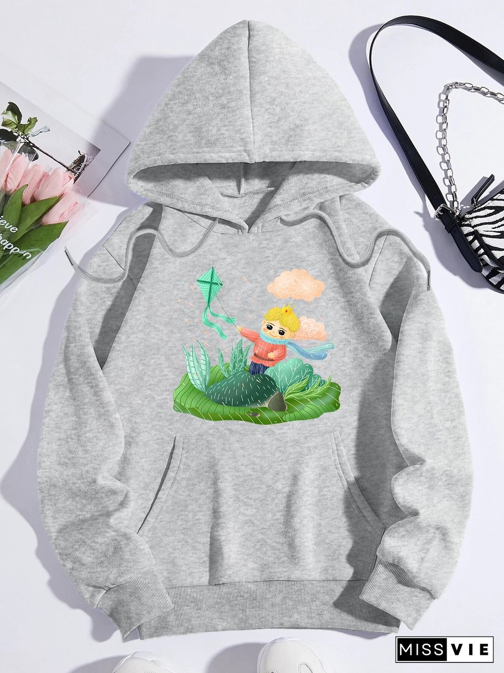 Printed on front Kangaroo Pocket Hoodie Long Sleeve for Women Pattern The Little Prince