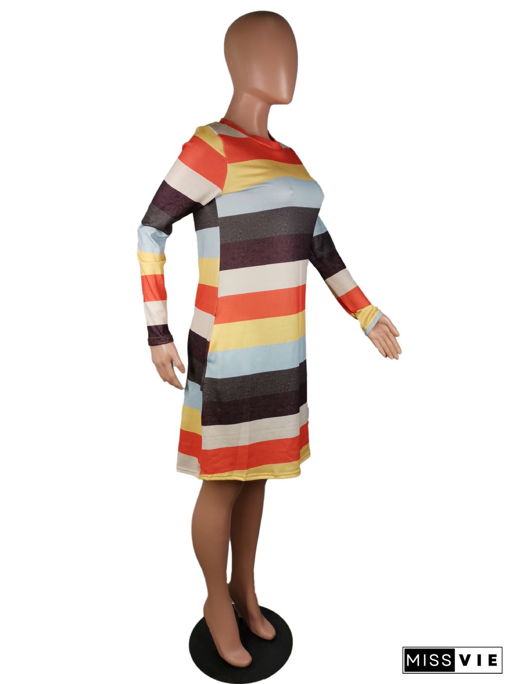 Rainbow Stripe Round Neck Long Sleeved Pocket T-shirt Dress