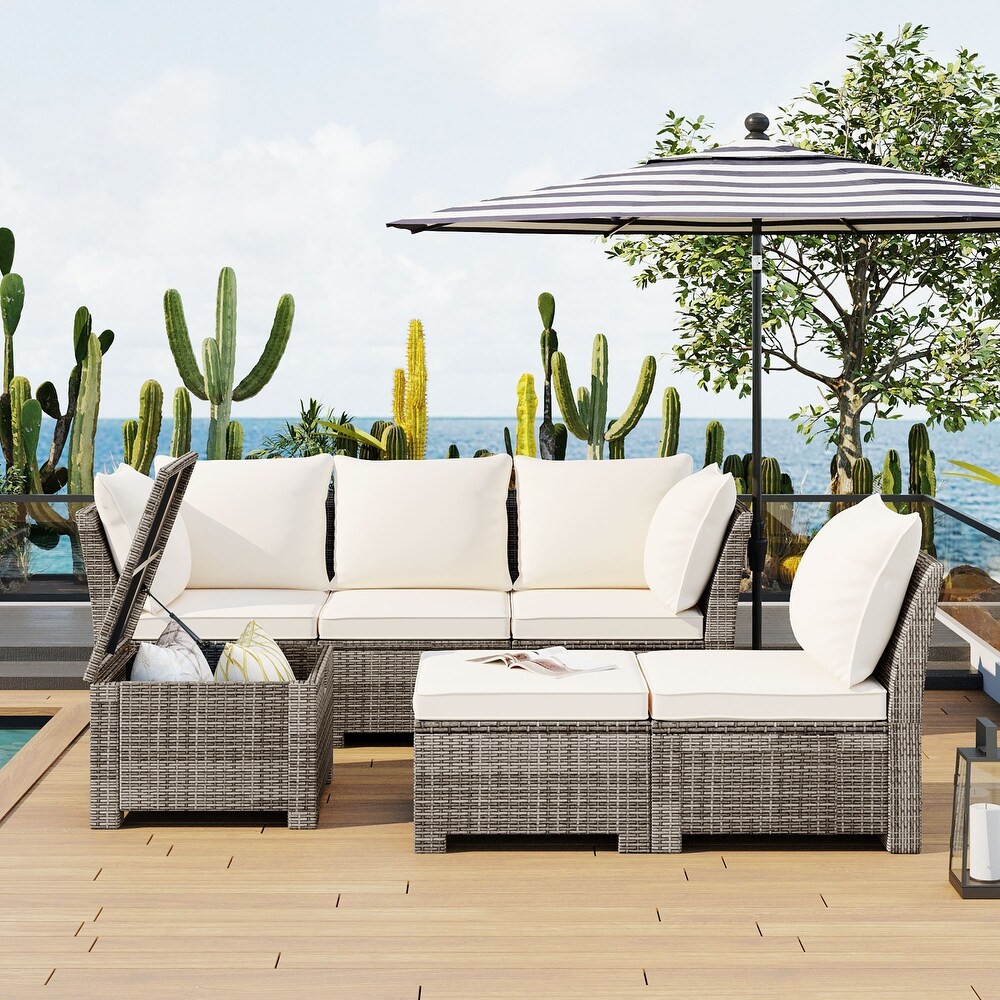 6 Piece Outdoor Sofa Set  PE Wicker Rattan Sofa with 2 Corner Chairs  2 Single Chairs  1 Ottoman and 1 Storage Table