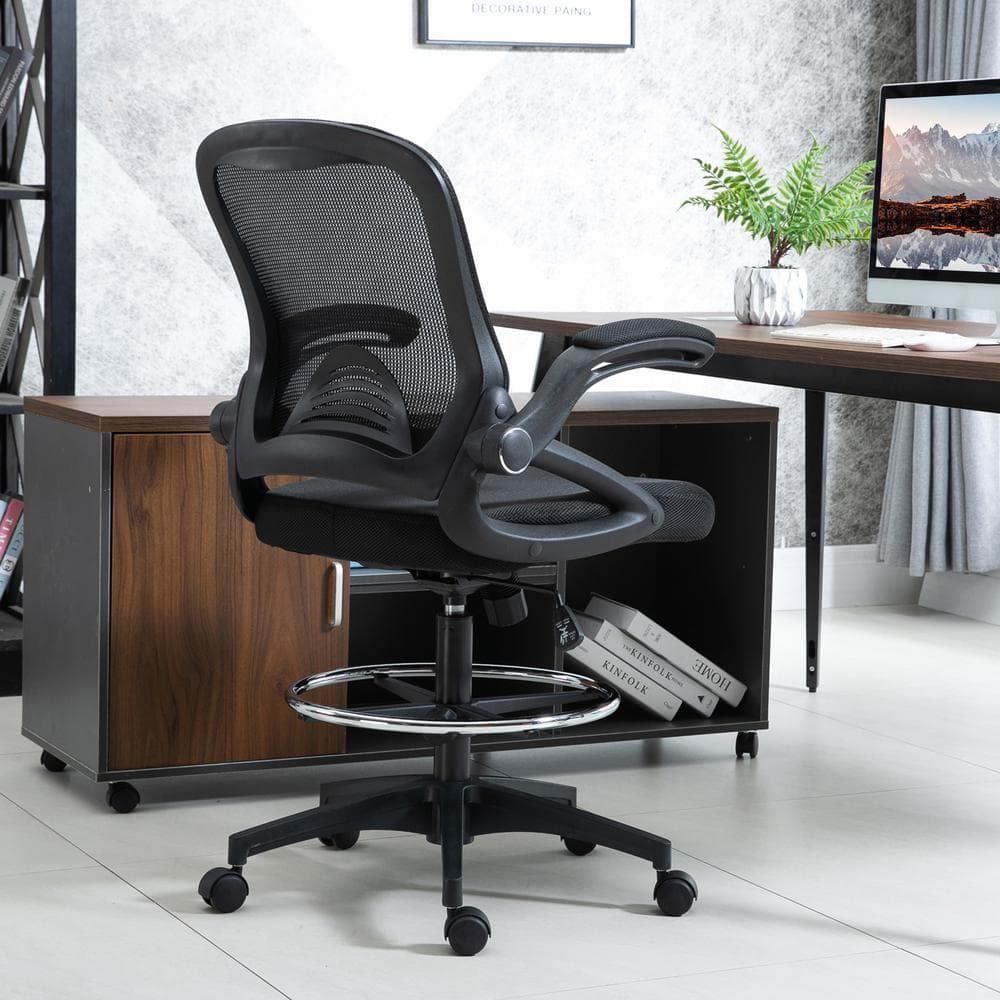 Vinsetto Black Drafting Office Chair with Lumbar Support, Flip-Up Armrests, Footrest Ring and Adjustable Seat Height 921-190