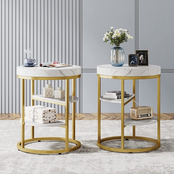 Round End Table White Gold Nightstand Modern Bedside Table for Bedroom