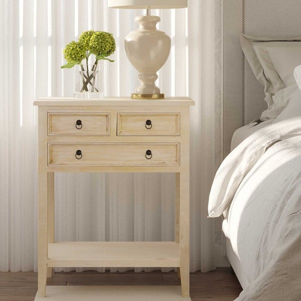 Distressed Mindi Wood Three-Drawer Side Table