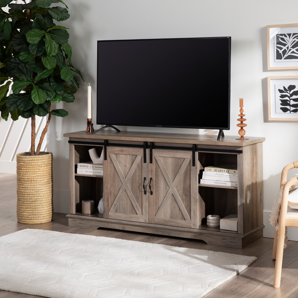 58 quotFarmhouse Sliding Barn Door TV Stand Media Console   Farmhouse   Entertainment Centers And Tv Stands   by Walker Edison  Houzz