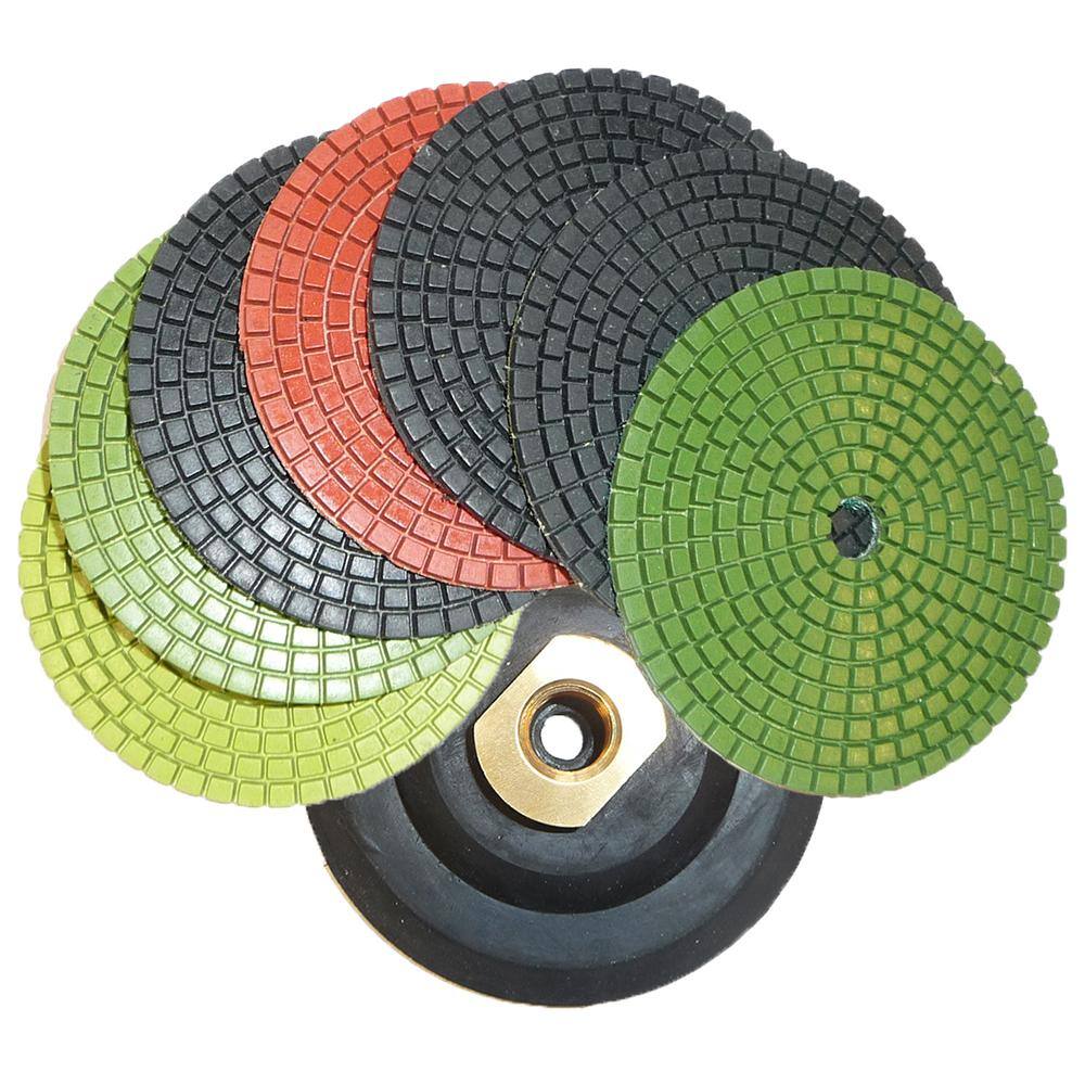 4 in. JHX Wet Diamond Polishing Pads for GraniteConcrete (Set of 7) with 4 in. Semi-Rigid Back Holder JHXR205SET8