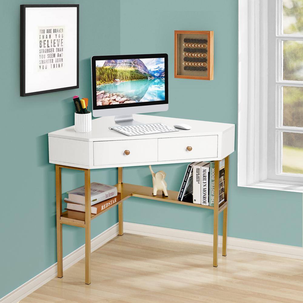 Costway 39.5 in. Gold 2-Drawers Corner Computer Desk Writing Workstation Study Desk HW67561GD