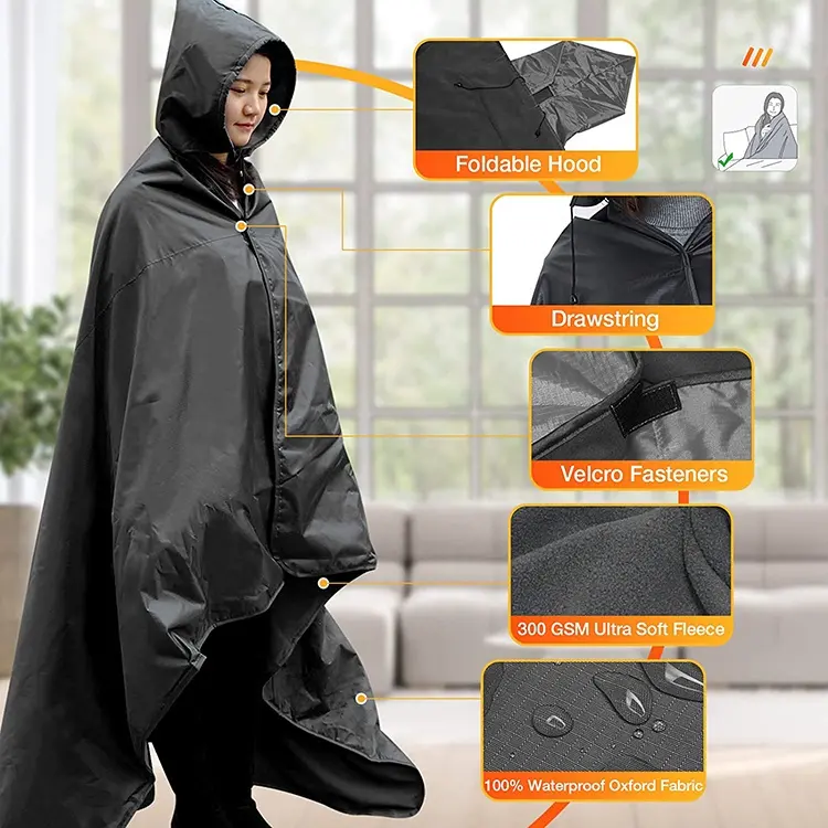 outdoor waterproof wearable hoodie blanket polar fleece lining