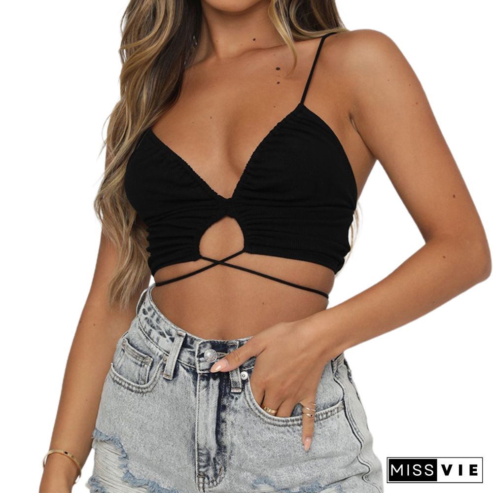 Women Solid Camisole Sexy Clubwear Spaghetti Strap V Neck Cross Tie Up Crop Cami Tops Hollow Out Halter Ruched Crop Top