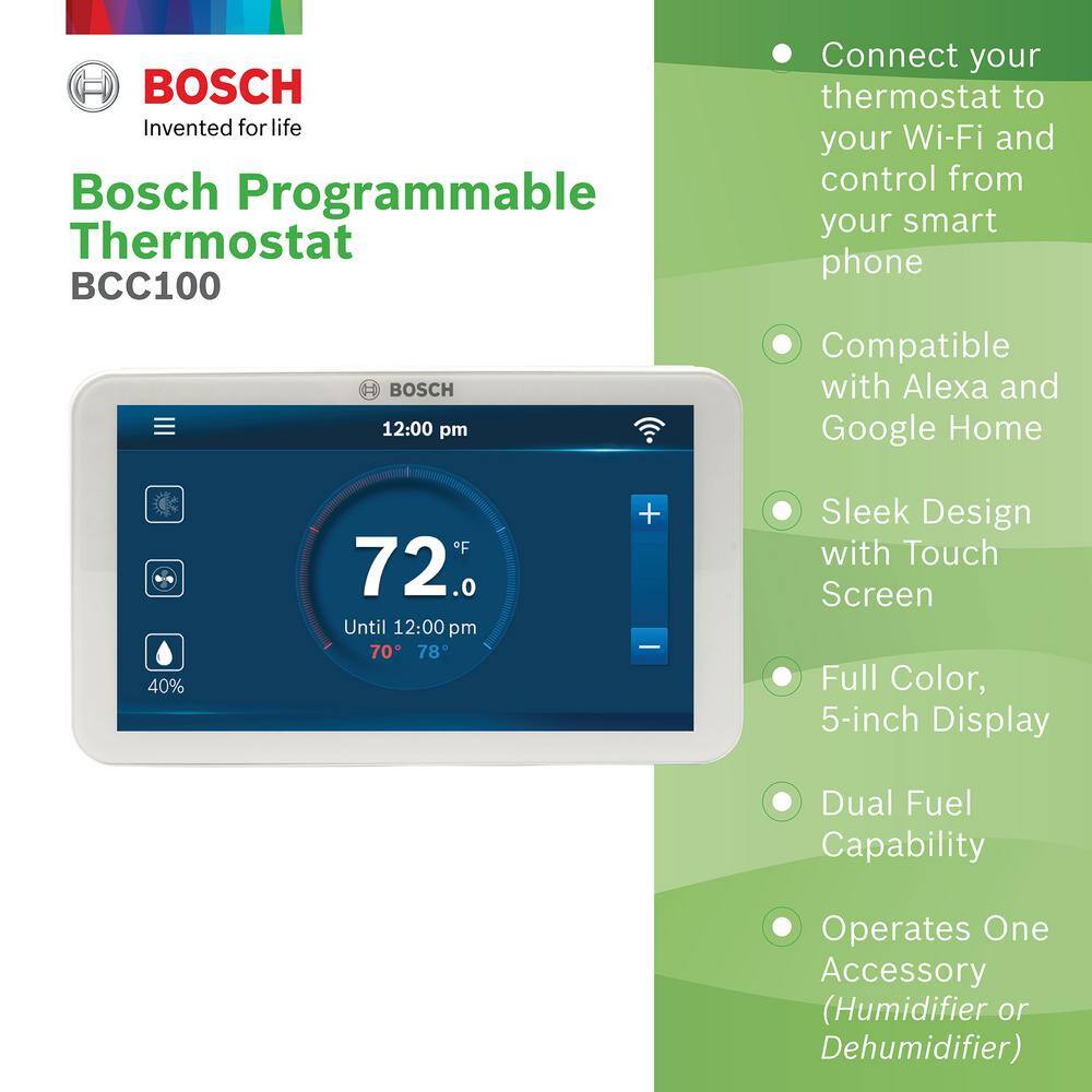 Bosch BCC100 Connected Control 7-Day Wi-Fi Internet 4-Stage Programmable Color Touchscreen Thermostat with Weather Access BCC-100