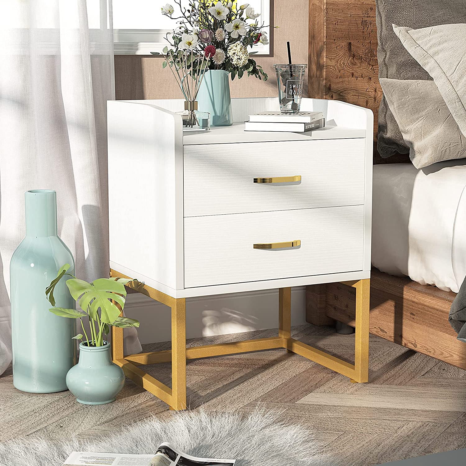 Tribesigns 2 Drawer Nightstand Set of 2, Modern Wood Night Stands Bedside Table for Bedroom, Sofa End Table, White and Gold