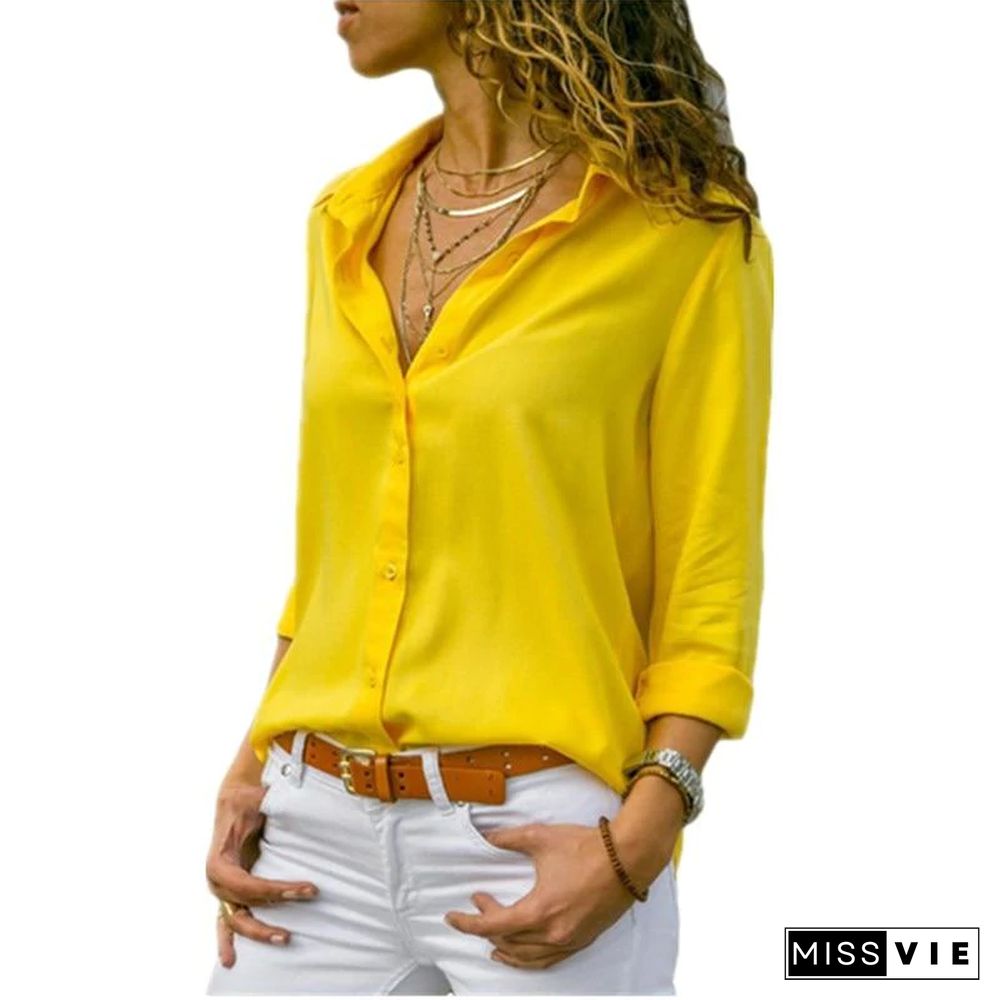 Women Elegant Long Sleeve Solid V-Neck Chiffon Tops Blouse Plus Size