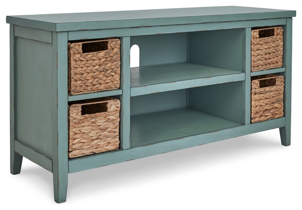 Benzara BM283303 47 quotRustic TV Entertainment Console Open Shelf 4 Baskets  Blue   Beach Style   Entertainment Centers And Tv Stands   by Homesquare  Houzz