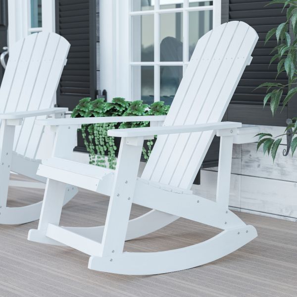 Savannah Commercial Grade All-Weather Poly Resin Wood Adirondack Rocking Chair with Rust Resistant Stainless Steel Hardware in White