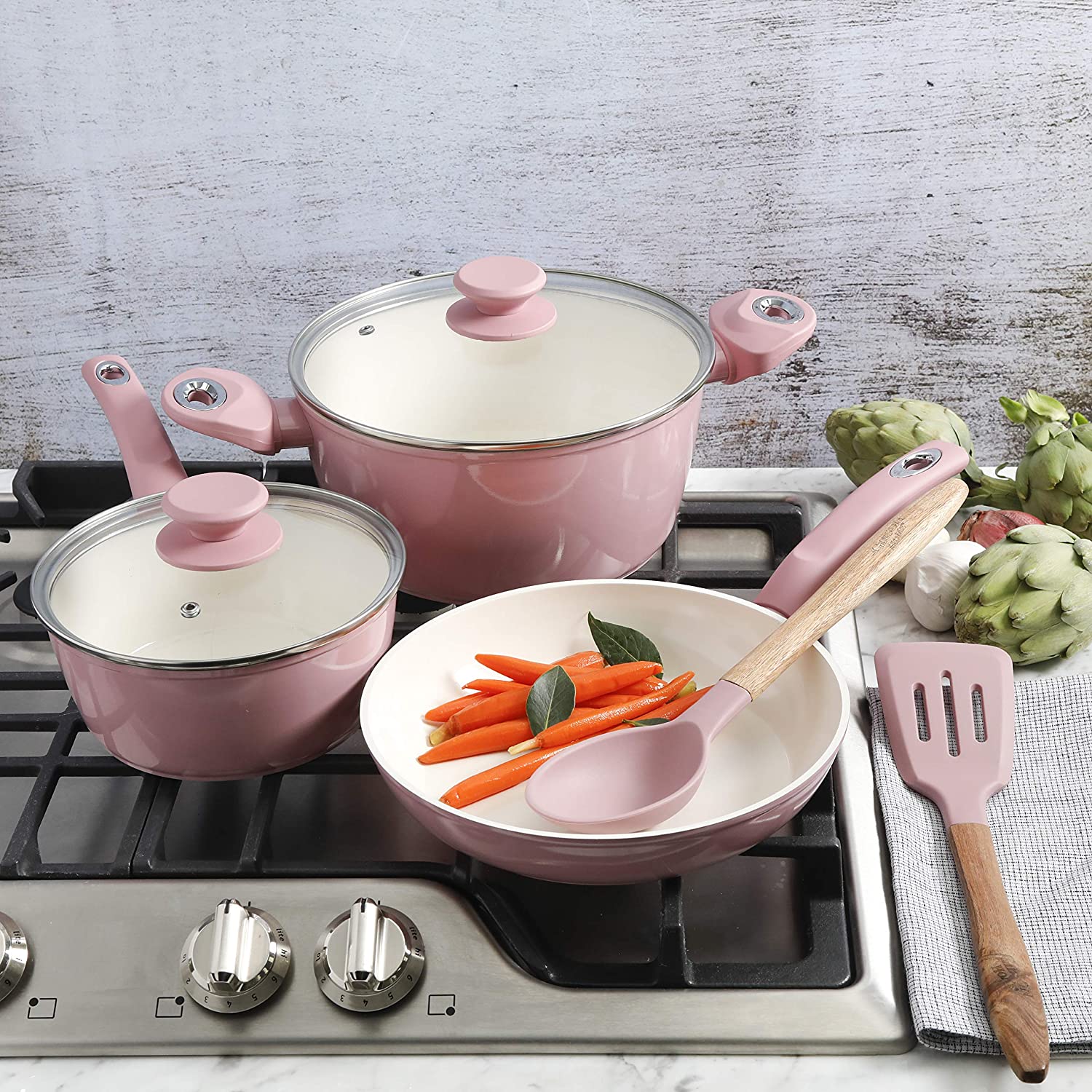 Gibson Home Plaza Café Forged Aluminum Healthy Ceramic Cookware， 7-Piece Set， Lavender Rose