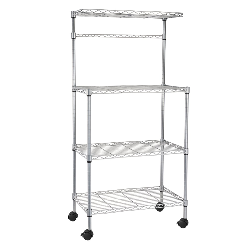 Ktaxon 4-Tier Kitchen Baker's Rack Rolling Microwave Oven Stand Utility Kitchen Cart Island with Storage Shelves， Silver Finish