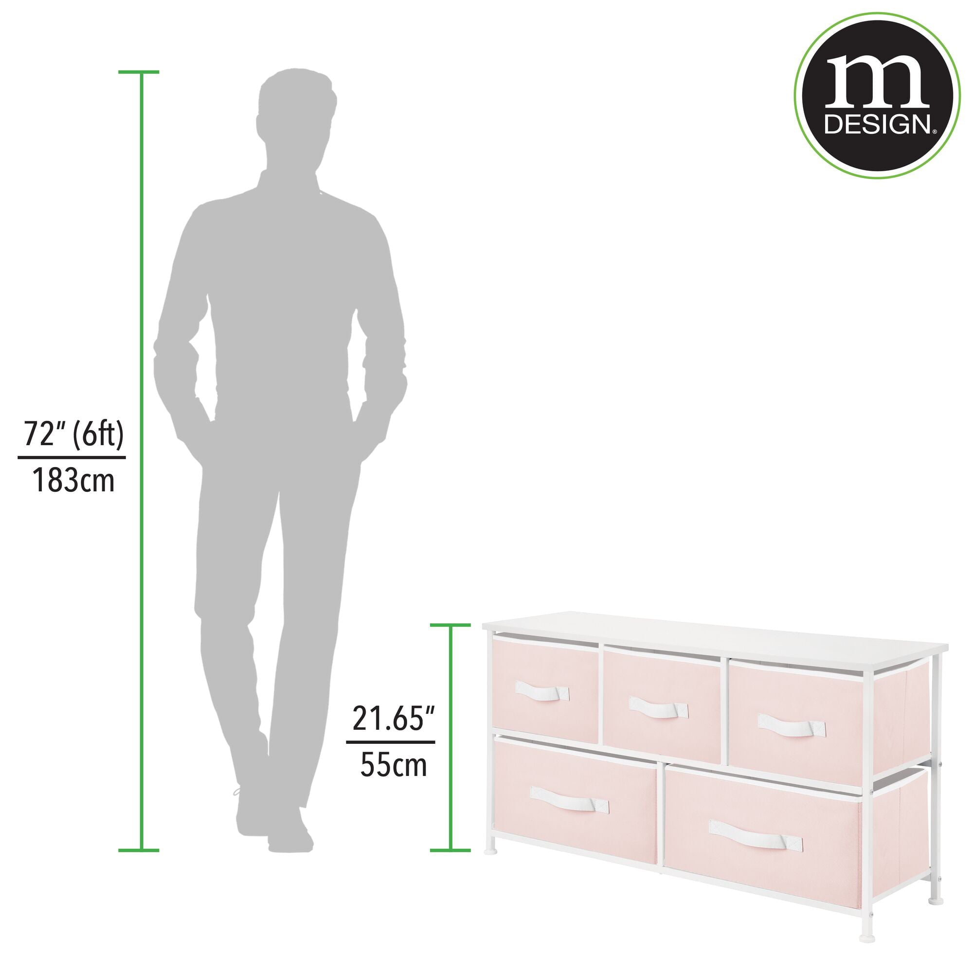 mDesign Wide Steel Frame/Wood Top Storage Dresser Furniture with 5 Fabric Drawers, Large Bureau Organizer for Baby, Kid, and Teen Bedroom, Nursery, Playroom, Dorm - Jane Collection, Pink/White