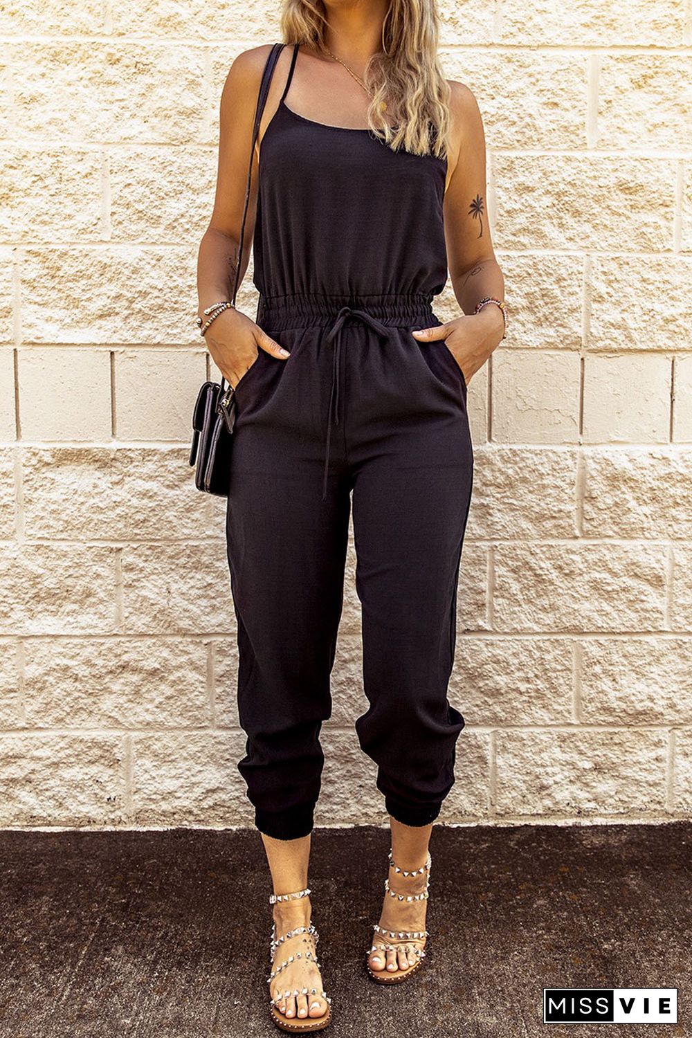 Black Drawstring Waist Spaghetti Straps Jumpsuit