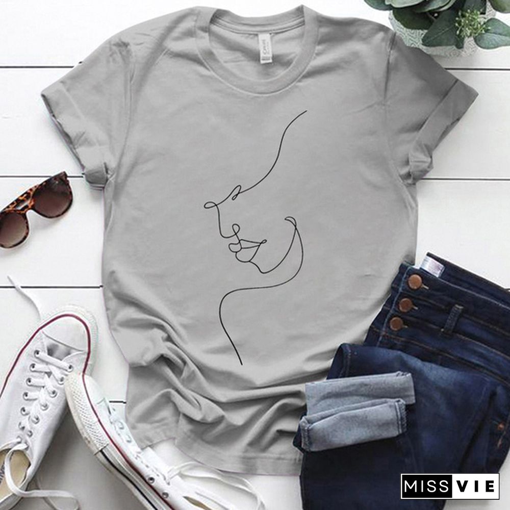 Cute Line Print T-shirts For Women Summer Lovely Short Sleeve Casual Round Neck T-shirts Ladies Creative Personalized Tops