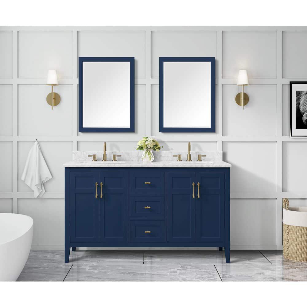 Home Decorators Collection Sturgess 61 in W x 22 in D Bath Vanity in Navy Blue with Marble Vanity Top in Carrara White with White Basins