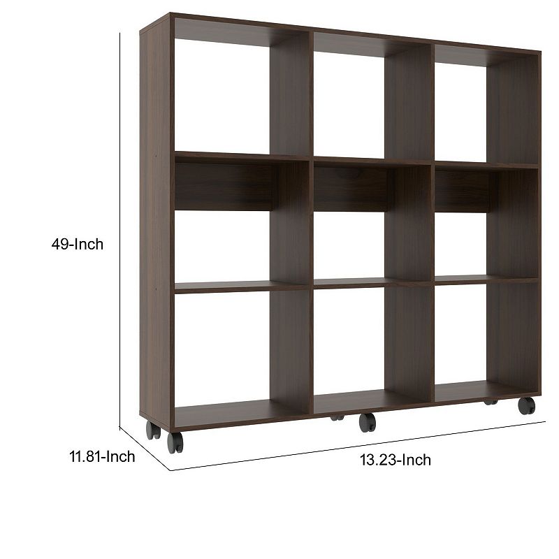 49 Inch Handcrafted Classic Wood Bookcase， 9 Open Compartments， Caster Wheels， Espresso Brown