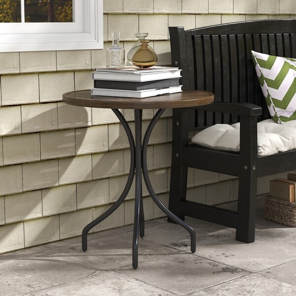 Outdoor Side Table，Patio Round Coffee Table with Steel Frame and Slat Tabletop