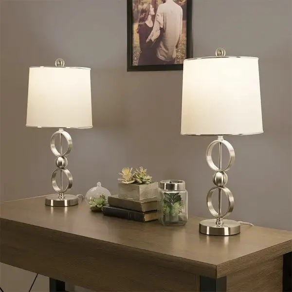 Set of 2 Matching Silver Table Lamp Set with Shades Led Bulbs Included - 10